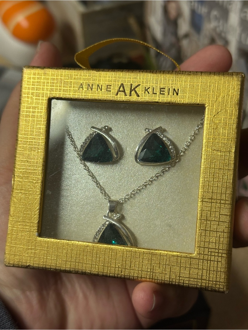 Anne Klein Silver-Tone Teardrop Necklace & Earrings with Emerald Green Stones